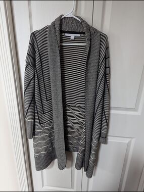 Diane Von Furstenberg Black & White Striped Open-Front Cardigan